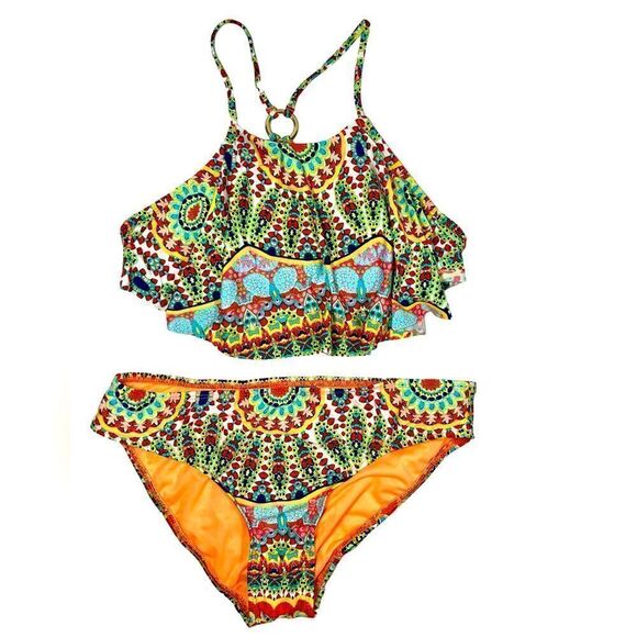 a.n.a Colorful Tribal Print Bikini High Neck Flowy Ruffle Two Piece Swimsuit - Picture 1 of 9